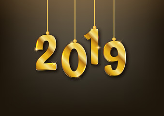 2019 new year realistic gold text numbers, postcard, banner, vector illustration