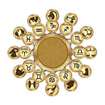Zodiac signs designation and drawing, arranged in a circle, an isolated object on a white background.