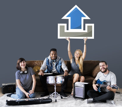 Band of musicians holding an upload icon