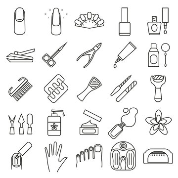 Manicure And Pedicure Signs Black Thin Line Icon Set. Vector