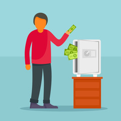 Man take money from safe concept background. Flat illustration of man take money from safe vector concept background for web design