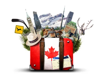 Printed kitchen splashbacks Canada Canada, retro suitcase with hat and canadian attractions