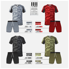 Naklejka premium Soccer jersey or football kit template design for football club. Set of green, gray, black, red camouflage pattern football t-shirt and shorts mock up. Front and back view soccer uniform. Vector.