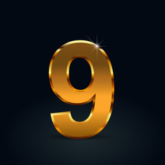Dark gold vector number 9 isolated on black background