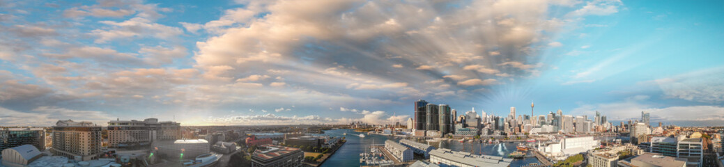 Sydney, Australia. Sunset panoramic aerial view of Darling Harbour and city skyscrapers from Wentworth Park.