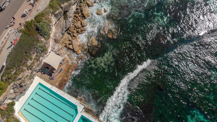 Aerial overhead view of Bondi Beach Pools area, Australia