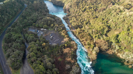 Naklejka na ściany i meble Aerial panoramic view of Huka Falls landscape, Taupo - New Zealand
