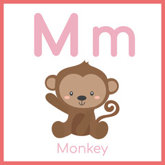 Cute animal alphabet. M letter. Cute Monkey.