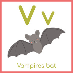 Cute animal alphabet. V letter. Cute Vampire Bat.