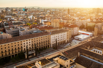 Sunset view of Zaragoza, Spain, from one of the towers of the Pilar Basilica - obrazy, fototapety, plakaty