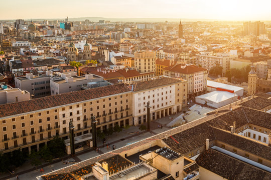 Sunset view of Zaragoza, Spain, from one of the towers of the Pilar Basilica