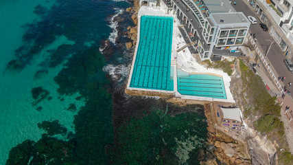Aerial overhead view of Bondi Beach Pools area, Australia