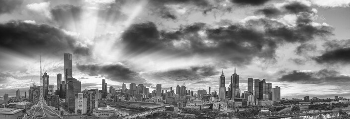 Panoramic aerial view of Melbourne from helicopter, Australia in black and white view
