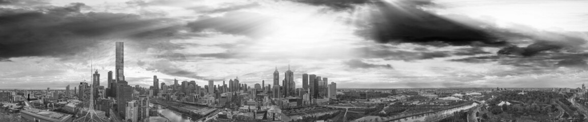 Panoramic aerial view of Melbourne from helicopter, Australia in black and white view