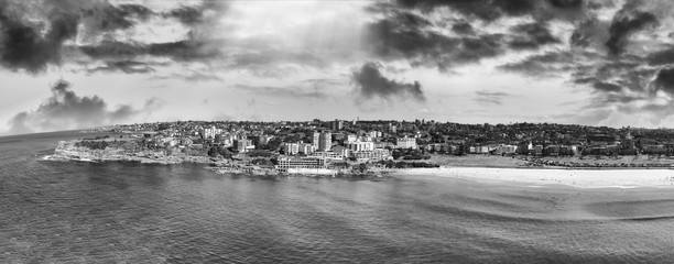 Aerial overhead black and white view of Bondi Beach, Australia
