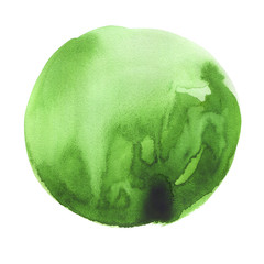 Fototapeta premium Hand drawn watercolor Green spot. Salad organic round stain. Use for wrap, wallpaper, website, decor. Isolated on white background. Wet texture, grained paper. A vibrant rich color.