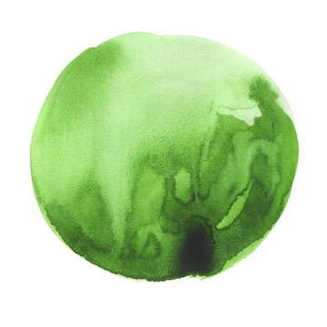 Hand drawn watercolor Green spot. Salad organic round stain. Use for wrap, wallpaper, website, decor. Isolated on white background. Wet texture, grained paper. A vibrant rich color.
