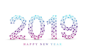 Text design Christmas and Happy new year 2019. Graphic background communication. Connected lines with dots. Design element for presentations, postcards, flyers, leaflets and posters, illustration.