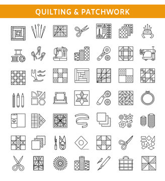 Quilting & Patchwork. Supplies And Accessories For Sewing Quilts From Fabric Squares & Blocks. Different Tools, Patterns For Quilters. Vector Line Icon Set. Isolated On White Background.