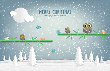 Fototapeta na wymiar illustration of nature landscape and concept, Bamboo Island Birds in a Snow Environment on Christmas Eve.design by paper art and digital craft style