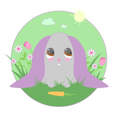 cute nice cheerful pink bunny with carrots under the sun