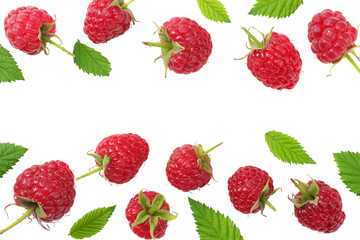 ripe raspberries with green leaf isolated on white background. top view