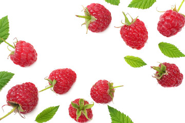 Fototapeta na wymiar ripe raspberries with green leaf isolated on white background. top view