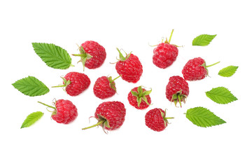 ripe raspberries with green leaf isolated on white background. top view