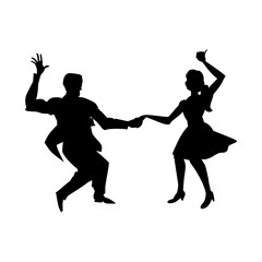 Fototapeta na wymiar Silhouette of man and woman dancing a swing, lindy hop, social dances. The black and white image isolated on a white background. Vector illustration.