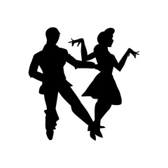 Silhouette of man and woman dancing a swing, lindy hop, social dances. The black and white image isolated on a white background. Vector illustration.