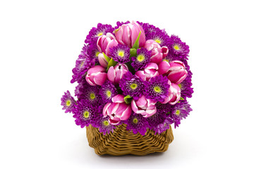 Bouquet made of tulips and chrysanthemum flowers on white background