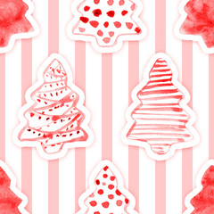 Seamless Pattern with Hand Drawn Watercolor Christmas Tree on Stripped Background for Your Holidays Design. Realistic Paper Applique, Cutout. Good for Wrapping, Wallpaper, Fabric, Banners, Posters.
