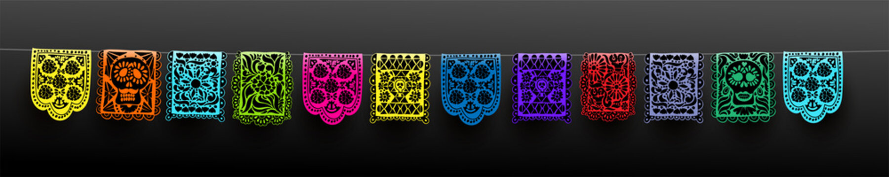 Mexican set of bunting for Day of the Dead. Dia de los Muertos. Hand drawn. For your design horizontal web banner. Vector illustration. Isolated on black background.