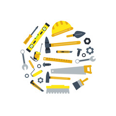 Vector flat construction tools in circle shape isolated on white background illustration