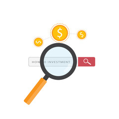 Magnifying search icon on internet for investment data analysis with coin icon