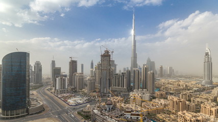 Obraz premium Beautiful luxury Dubai downtown aerial top view before sunset timelapse, Dubai, United Arab Emirates