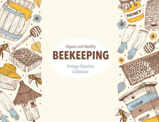 Hand drawn apiary objects arranged in vertical composition. Beekeeping inventory in sketch style. Vector Illustration.