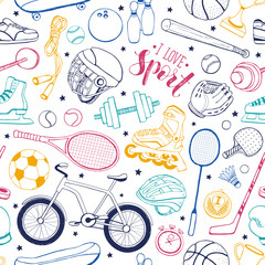 Seamless pattern from sport equipment in doodle style. Vector illustration. Hand drawn colorful sport accessories on white bakcground.