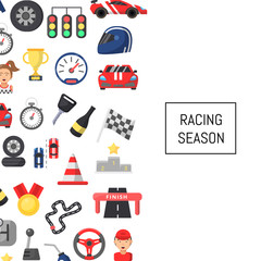 Vector flat car racing banner with icons set background with place for text illustration