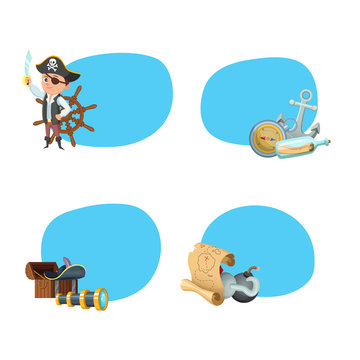 Vector cartoon sea pirates stickers with place for text set illustration