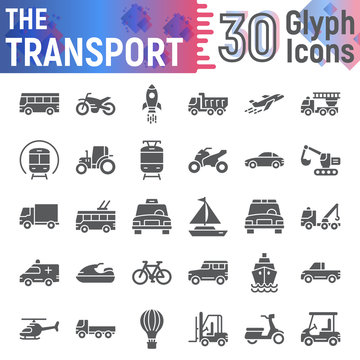 Transport glyph icon set, vehicle symbols collection, vector sketches, logo illustrations, autumn signs solid pictograms package isolated on white background.