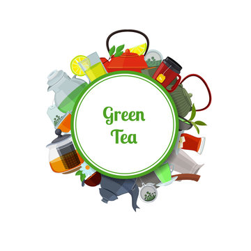 Vector cartoon tea kettles and cups under circle with place for text illustration
