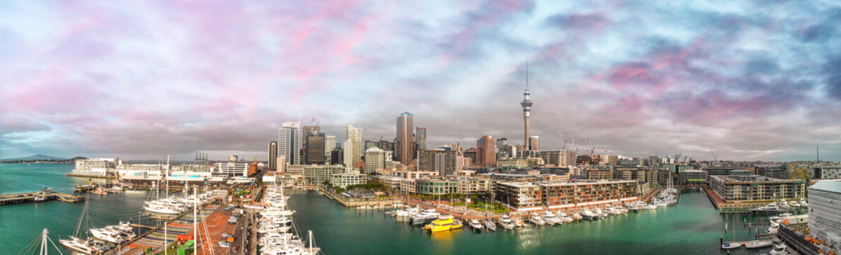 Aerial Panoramic View Of Auckland Skyline At Dusk, New Zealand