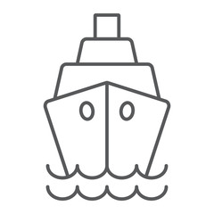 Ship thin line icon, cruise and sail, boat sign, vector graphics, a linear pattern on a white background.