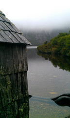 Wooden hut on brown Dove Lake