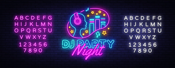 DJ Party Neon sign vector. Night Party Design template neon sign, Dj Sound Advertising light banner, neon signboard, nightly bright advertising, light inscription. Vector. Editing text neon sign