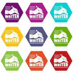 Hand with pen icons 9 set coloful isolated on white for web