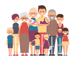 Happy family. Father, mother, grandfather,grandmother, children and baby. Vector illustration in a flat style