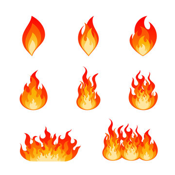 Collection of flat vector flare flames and bonfire. Nine type of burning fire flame and hot blazing campfire illustration set in red, orange and yellow colors isolated on white background.
