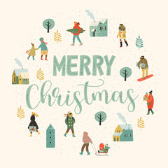 Christmas and Happy New Year illustration whit people. Trendy retro style.